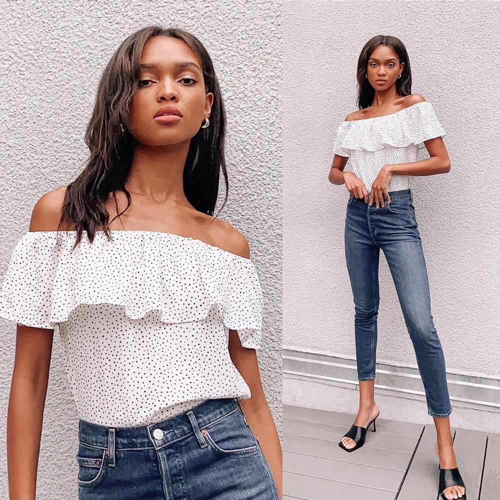 White Off Shoulder Polka Dot Blouse Ruffle Top